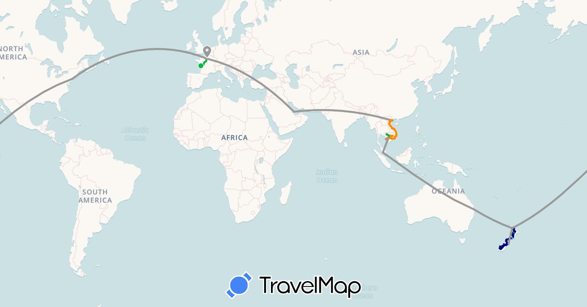 TravelMap itinerary: driving, bus, plane, hiking, boat, motorbike, helicopter in Australia, France, Cambodia, Malaysia, New Zealand, Qatar, United States, Vietnam (Asia, Europe, North America, Oceania)